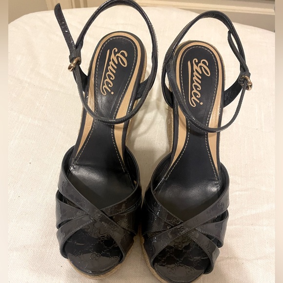 GUCCI Patent Microguccissima Penelope Espadrille Wedge Sandals - Purplish Gray - Picture 2 of 5